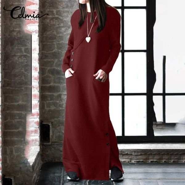 

casual dresses celmia 2021 winter women sweatshirt dress autumn long sleeve fleece maxi loose vestidos button pullovers 5xl, Black;gray