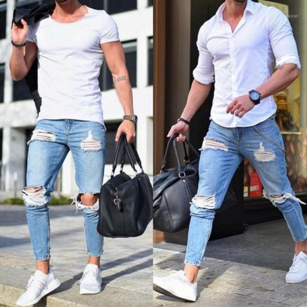 

men's jeans stretch destroyed ripped design fashion ankle zipper skinny for men c1335, Blue