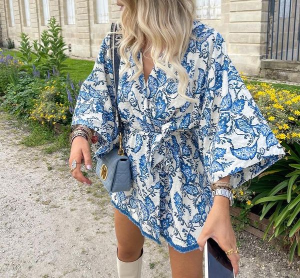 

casual dresses 2021 summer vintage bohemia women v neck flower print belt jacket female fashion flocking loose lacing middle length top, Black;gray