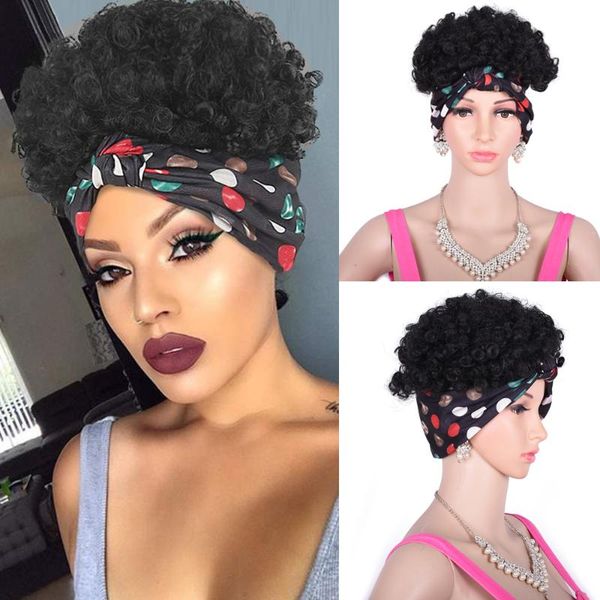 

synthetic wigs short afro kinky curly headwrap turban headbands wig for black women african american