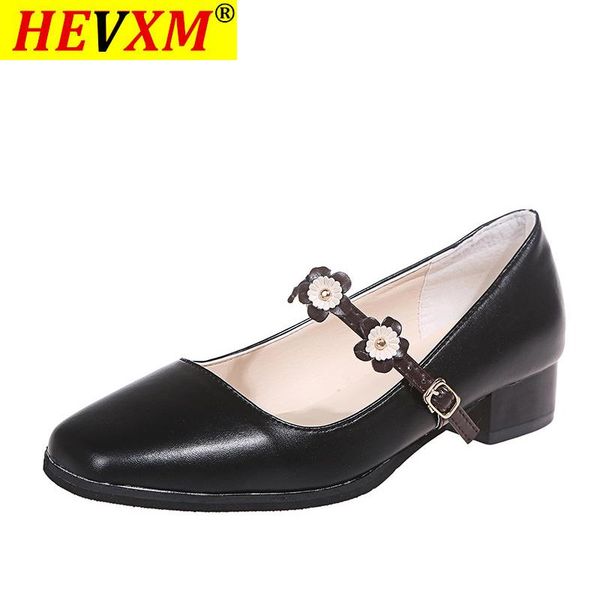 

dress shoes pumps women pu leather floral buckle strap ladies 2021 female med heel mary janes elegant high quality, Black
