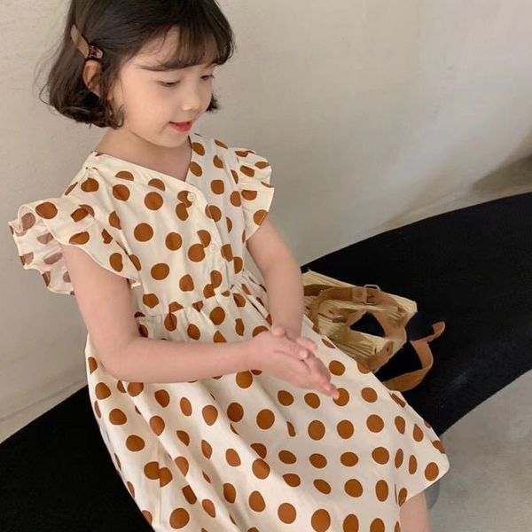 

summer girls dress fashion button decoration waisted small flying sleeve v-neck polka dot dress baby kids childrens clothing, Red;yellow