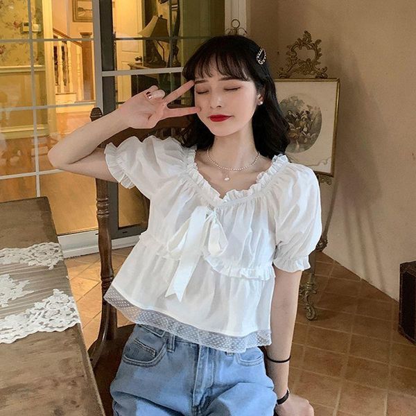 

women's blouses & shirts blouse women shirt lace stitching 2021 summer bow short sleeve blusas mujer de moda, White
