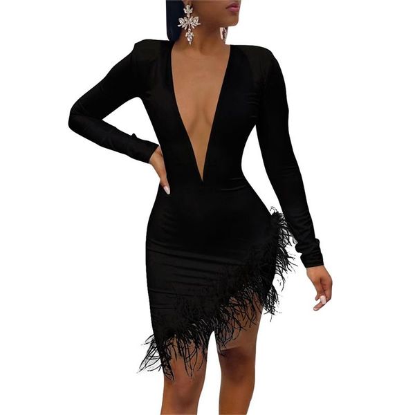 

casual dresses v neck bodycon party dress women long sleeve feather elegant bandage club irregular sheath evening short mini, Black;gray