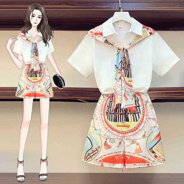 

women's shorts summer two piece set women fashion patchwork scarf bow shirt + chiffon print elastic waist pieces suit nx6n, White;black
