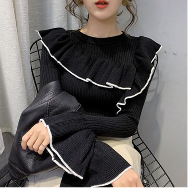 

women's sweaters ruffled pullover sweater women 2021 autumn winter korean fashion round neck all-match retro short knitting female, White;black