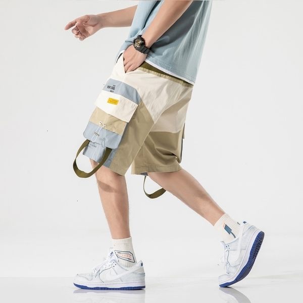 

men's shorts harajuku streetwear summer casual men side-pockets ribbons mens cargo knee length bermuda hip hop 6s1j, White;black