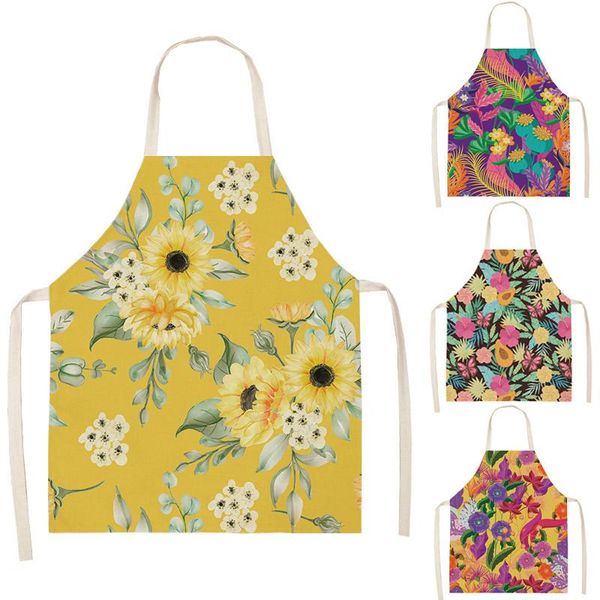 

aprons flowers print cotton linen apron kitchen women baking waist bib home cooking brief sleeveless pinafore