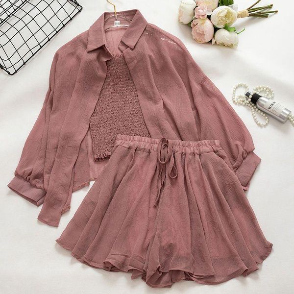 

fashion suit three-piece set women's summer sun protection chiffon blouse coat +vest+wide leg shorts tracksuits, Gray