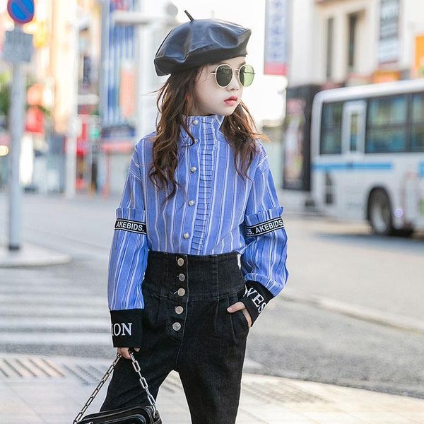 

shirts ins girl shirt baby kids 4-15 years old cotton blend korean lace collar vertical stripes long sleeve letters striped, White;black