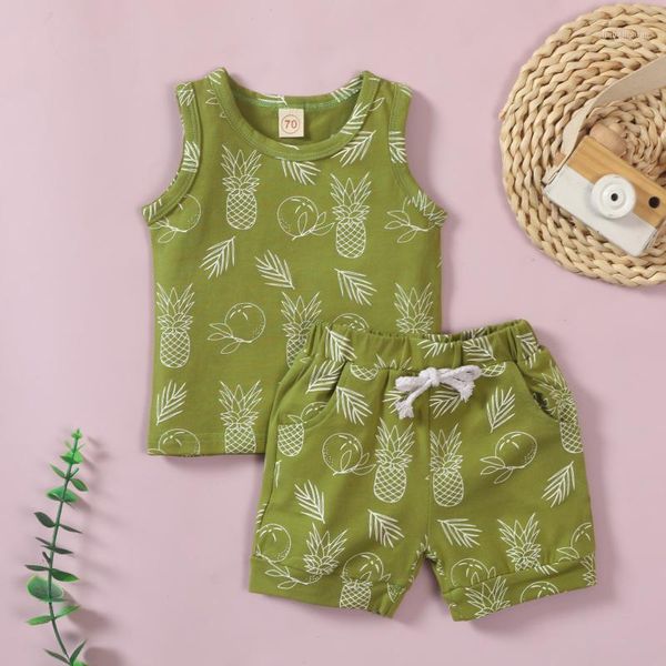 

clothing sets #vw toddler baby boys girls clothes summer sleeveless cartoon pineapple printed +shorts outfits children casual ropa1, White