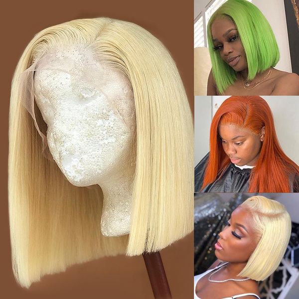 

lace wigs luvin closure wig 613 blonde 13x4 hd transparent front human hair straight brazilian short bob frontal black woman, Black;brown