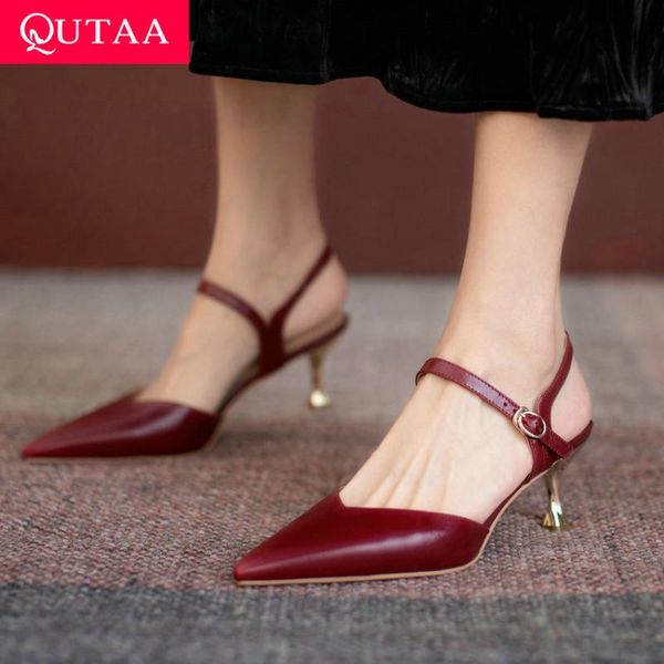 

sandals qutaa 2021 genuine leather pointed toe summer women front rear strap slingback thin high heel female shoes size 34-39, Black