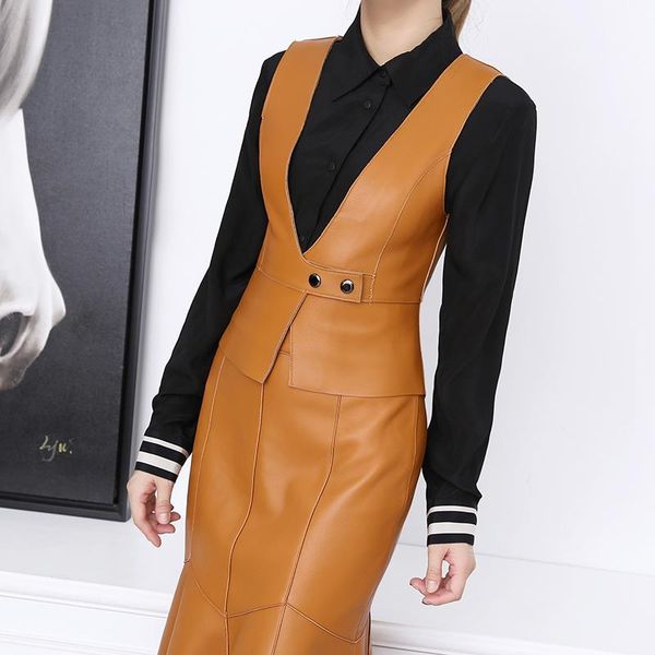 

women's leather & faux women vest genuine sheepskin waistcoat sling real spring autumn motorcycle sleeveless jacket female clothing, Black