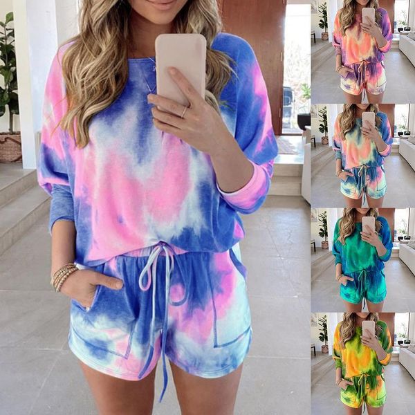 

2021 summer autumn women set home tie long sleeve shirt and shorts white outfits casual suit new clothes loose two piece, Gray