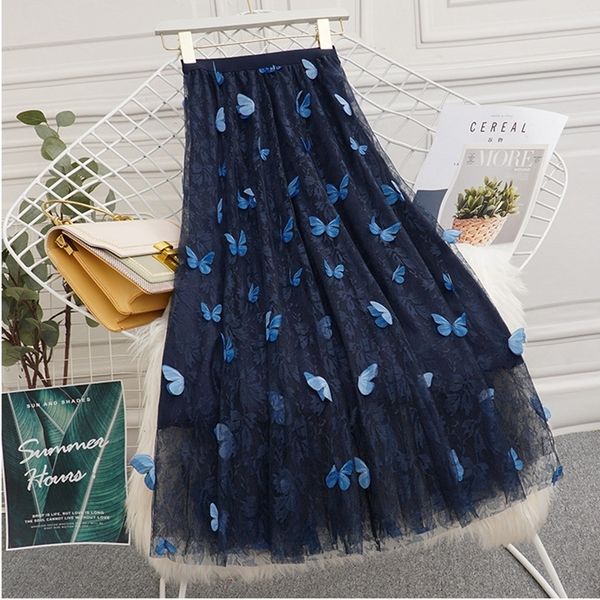 

new 3d 2021 butterfly women chiffon skirts embroidery floweral mesh pleated 3 layers long tulle tutu skirt jupe longue 21i1, Black