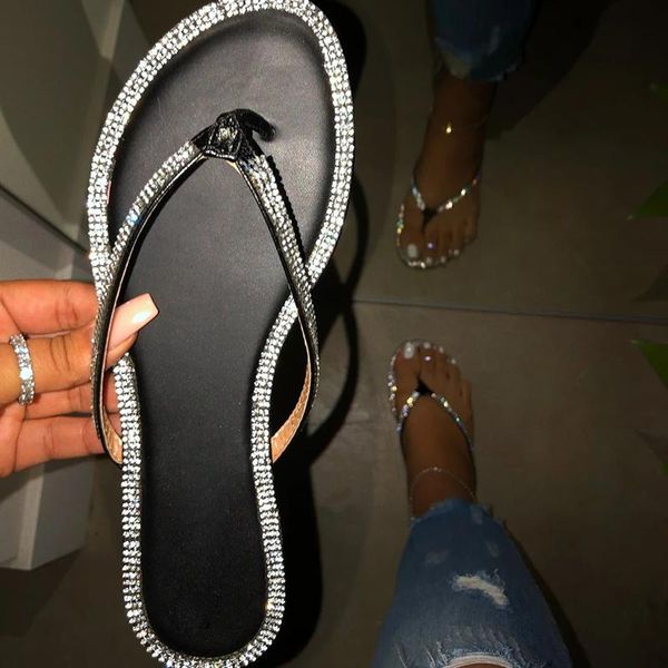 

slippers women summer flat bling rhinestone flip flops woman fashion shoes female bordered lady footwear plus size, Black
