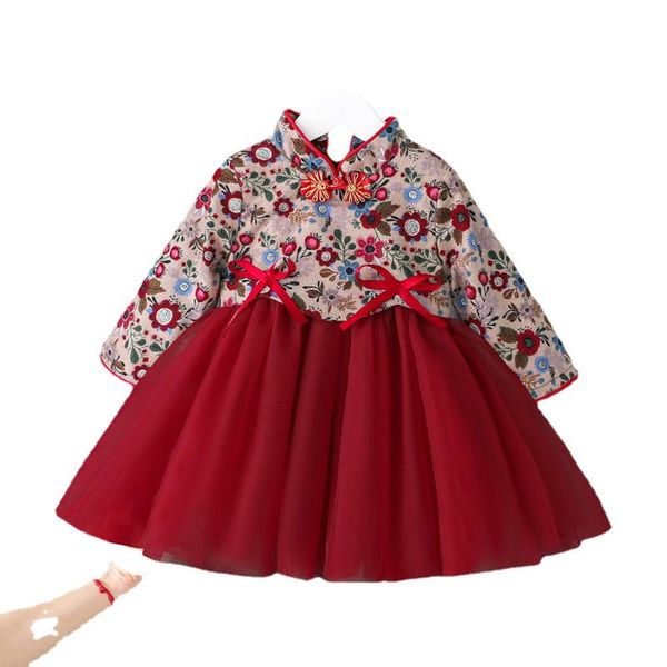 

girl's dresses baby girl clothes cotton flower pattern mandarin collar dress sweet cute gauze 0-6 yeas, Red;yellow