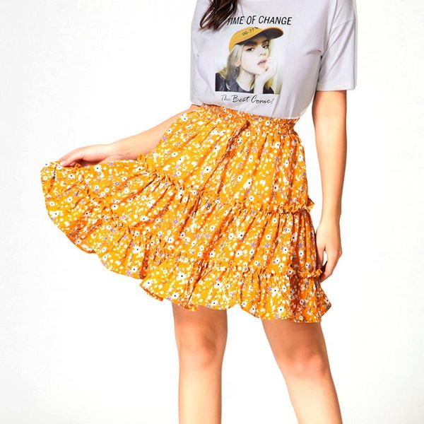 

skirts zogaa women summer beach skirt flower print ruffled high waist elastic ball gown casual female clothing plus size s-2xl, Black