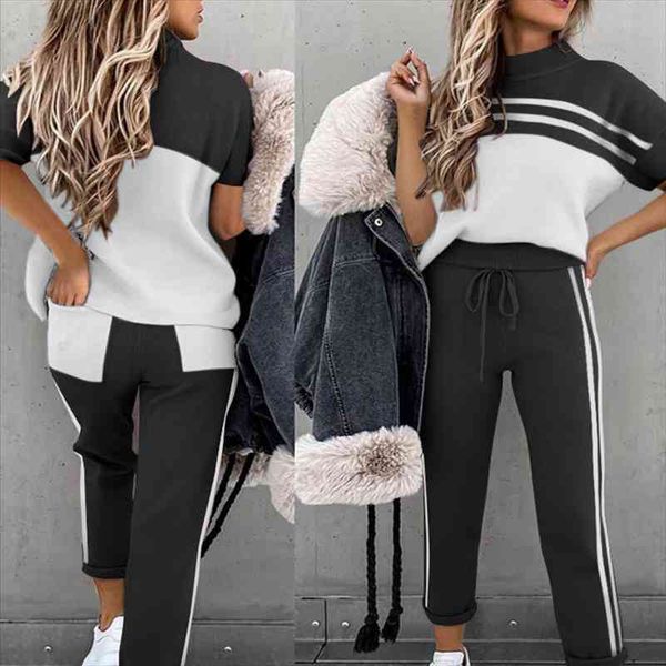 

casual o-neck striped two piece set tracksuit women ladies loose sport solid color matching summer trousers with pocket, Black;white