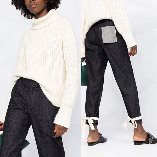 

women's jeans 2021 early spring products fashion pocket bow knot straps close feet high waist thin all-match, Blue