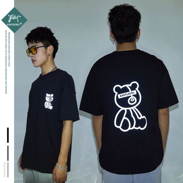 

spring and summer colorful laser bear print short t-shirt men's loose reflective street fashion brand couple ins net red half sleeve, White;black