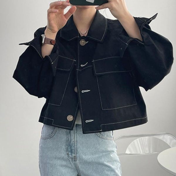 

women's jackets women jacket 2021 fashion early autumn retro lapel single-necked line hit color design loose large pocket short coat, Black;brown