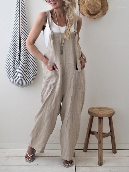 Jumpsuits das Mulheres Macacão Mulheres Jumpsuit Solta Solta Primavera de Algodão Linho Sólido Bolsos Sólidos Macacão Feminino Lareira Perna Calças Calças