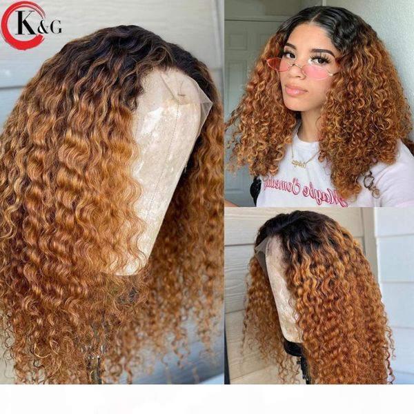 

kungang omber t-part middle part lace front human hair wigs curly 150% density lace wigs with baby hair ratio non-remy, Black;brown