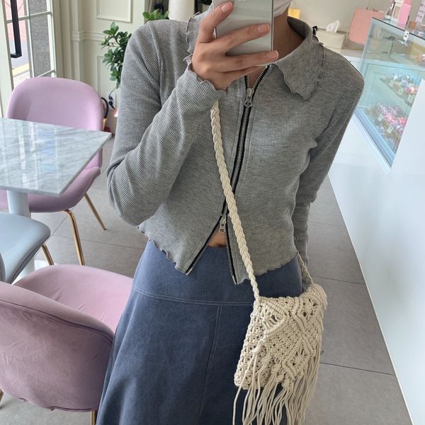 

2021 new waffle short jacket zipper up long sleeve collar grey coats and jackets korean fashion fall women clothing 4yxu, Black;brown