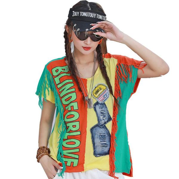 

women's t-shirt vefadisa women patchwork color t shirt 2021 summer letter printed with tassel female casual zqy112c, White