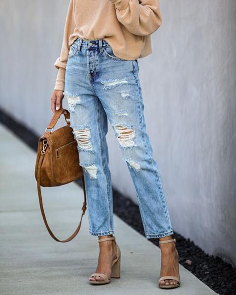 

women's jeans leisure with holes in europe and america street hipsters torn waist straight leg pants, Blue