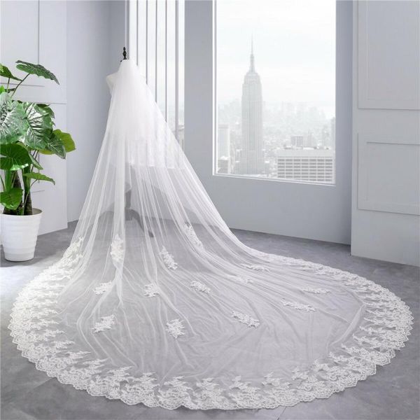 

bridal veils real picture 1l 3m long cathedral wedding lace applique white ivory veil accessories with comb, Black