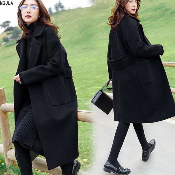 

women's wool & blends woollen coat fall / winter 2021 korean loose long over knee thickened cocoon nizi open stitch, Black