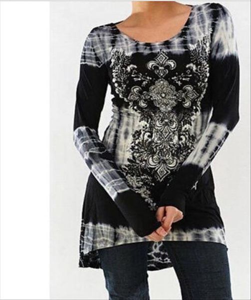 

2021 casual woman shirt clothing womens fashion long sleeve o neck printing slim high waist tie dye, White