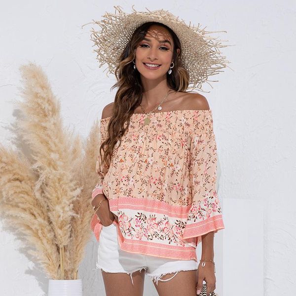 

women's blouses & shirts 100% rayon floral print women boho long flare sleeve slash neck loose shirt casual off shoulder ladies 2021 a, White