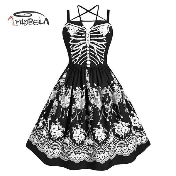 

imily halloween a-line dress women gothic skull skeleton print spaghetti strapless high waist halter dresses fashion vestidos, Black;gray