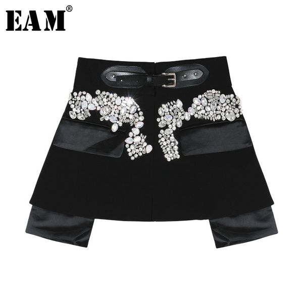 

[eam] 2021 new spring autumn high waist black beading blingbling spliced personality short half-body skirt women fashion jy758 210225