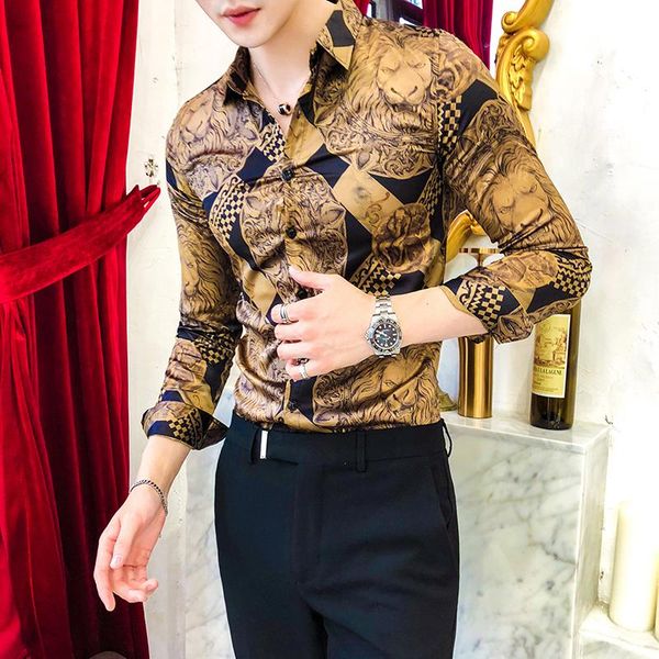 

men's casual shirts luxury gold print shirt men royal retro long sleeve party nightclub tuxedo slim fit streetwear blouse homme, White;black