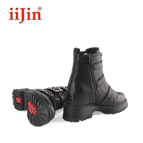 

boots iijin casual rhinestone zipper height platform heighten cow leather female women's shoes botas invierno mujer, Black