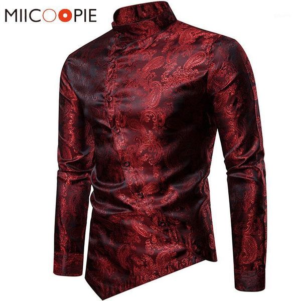 

men's casual shirts spring autumn irregular men dress glossy floral printed stand collar long sleeve camisa social male streetwear xxl, White;black
