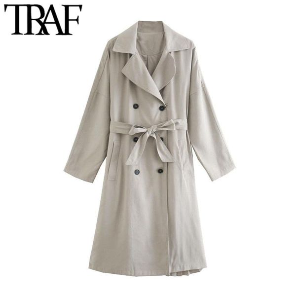 

traf women fashion back pleated double breasted trench coat vintage long sleeve with belt female outerwear chic overcoat, Tan;black