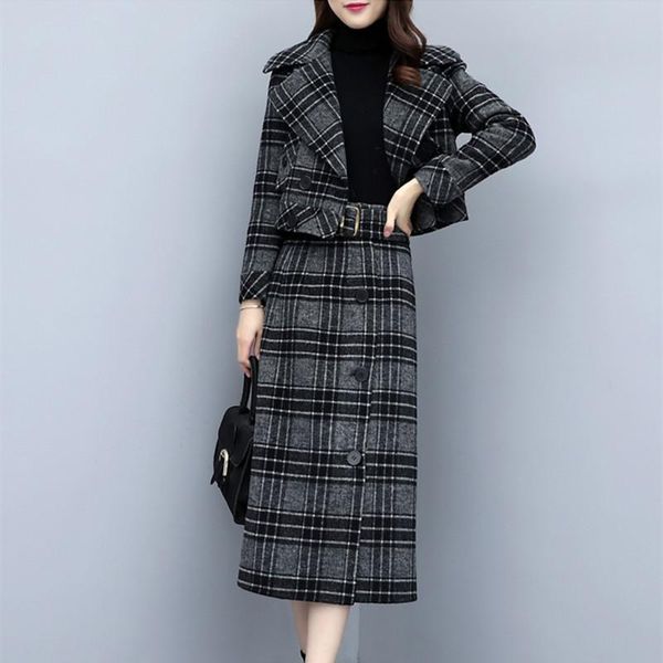 

two piece dress skirt suits for women tweed wool ladies designer 2021 winter luxury clothing office work vintage plaid 2 sets clothes, White