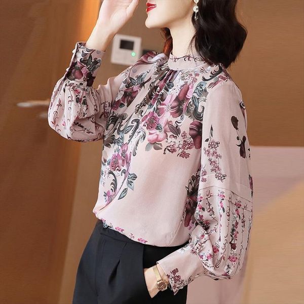 

spring autumn style womens shirt long sleeve printed turtleneck button elegant casual sp719, White