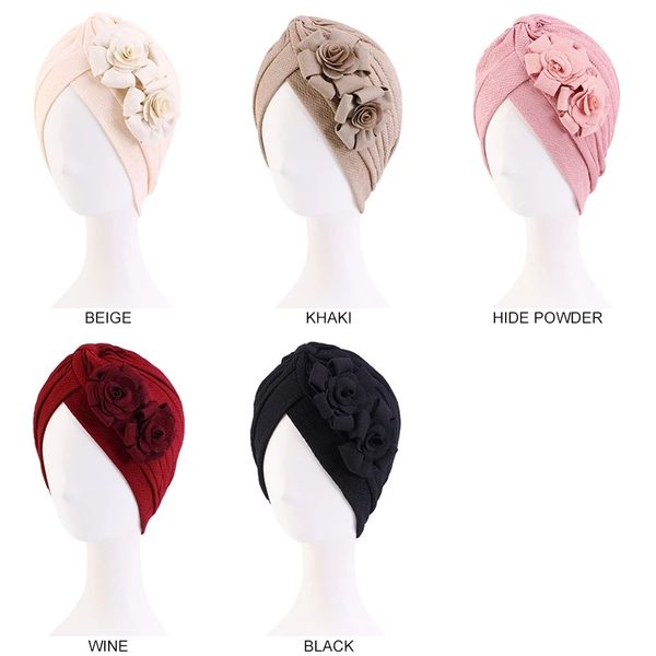 

solid color rosette turban cap muslim women's pleated wrap hijab hats beanies fashionable african ladies party headwear bonnet, Blue;gray
