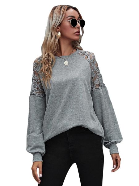 

2021 women's autumn new round neck lace hollow long sleeve t-shirt top, White