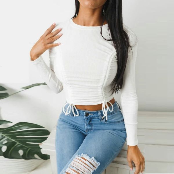 

2021 new white long sleeve crop autumn casual drawstring lace up pleated t-shirt female green slim short tshirt women xuub