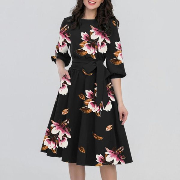 

casual dresses a-line dress women floral print o-neck half sleeve pocket summer sashes knee-length bohemia vestidos, Black;gray