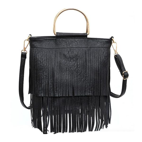 

evening bags fashion tassel fringe women shoulder bag solid color pu leather metal handle ladies handbag luxury designer crossbody purse