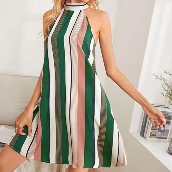 

casual dresses women's summer sleeveless halter printing emprie swing short dress robe femme vestidos for women 2021, Black;gray